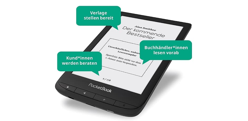 Digitale Leseexemplare für Verlage Umbreit Bild eines E-Readers mit Highlights in grünen Sprechblasen
